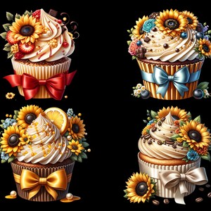 Watercolor Sunflower Cupcakes Collection Clipart, 18 PNG Sunflower Clipart, Cupcake Clipart, Dessert Clipart PNG, Summer PNG, Commercial Use image 3