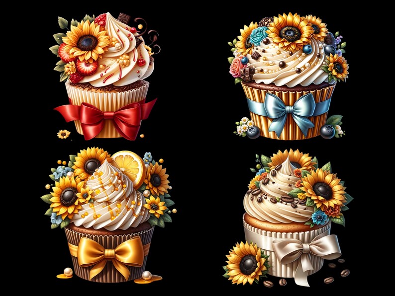 Watercolor Sunflower Cupcakes Collection Clipart, 18 PNG Sunflower Clipart, Cupcake Clipart, Dessert Clipart PNG, Summer PNG, Commercial Use image 3