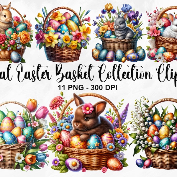 Watercolor Floral Easter Basket Collection Clipart, 11 PNG Easter Clipart, Spring Flowers Clipart, Easter Basket PNG, Commercial Use