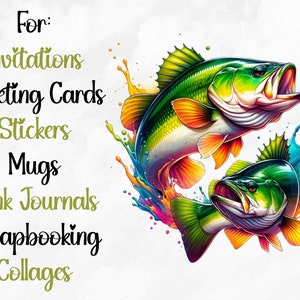 May include: Two colorful bass fish jumping out of a splash of paint. The text "For: Invitations Greeting Cards Stickers Mugs Junk Journals Scrapbooking Collages" is on the left side of the image.