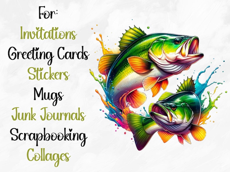 May include: Two colorful bass fish jumping out of a splash of paint. The text "For: Invitations Greeting Cards Stickers Mugs Junk Journals Scrapbooking Collages" is on the left side of the image.