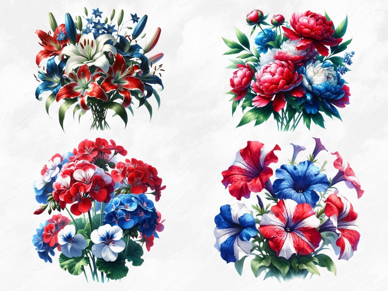 Watercolor Patriotic Flowers Collection Clipart, 24 PNG Floral Clipart ...