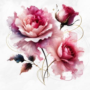Può includere: Dipinto ad acquerello di rose rosa e rosse con accenti dorati su sfondo bianco. L'immagine presenta tre rose in varie fasi di fioritura, con petali delicati e foglie dettagliate.