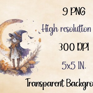 May include: A watercolour illustration of a witch with a crescent moon behind her. She is wearing a purple and black witch hat and a long purple and black cape. She is standing on a bed of autumn leaves. The background is a light brown.