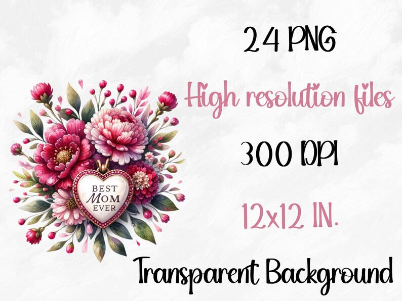 May include: A bouquet of pink flowers with green leaves and a heart-shaped locket with the words "Best Mom Ever" in the center. The locket is surrounded by pink and white flowers.