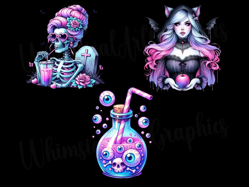 K&ouml;nnte beinhalten: Drei digitale Illustrationen im gotischen Stil. Ein Skelett mit Sonnenbrille, das ein rosa Getr&auml;nk trinkt, eine Frau mit rosa und violettem Haar, die ein schwarzes Kleid tr&auml;gt und einen Apfel h&auml;lt, und eine Flasche mit einem Sch&auml;del und Augen, die mit einer rosa Fl&uuml;ssigkeit gef&uuml;llt ist.