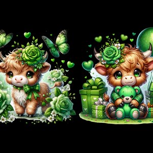May include: Two brown and white Highland cow illustrations with green floral accents. One cow is holding a green teddy bear. Both cows have green bows and are surrounded by green flowers and hearts.