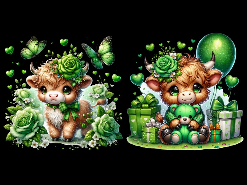 May include: Two brown and white Highland cow illustrations with green floral accents. One cow is holding a green teddy bear. Both cows have green bows and are surrounded by green flowers and hearts.