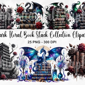 May include: Digital artwork showcasing stacks of books decorated with dragons, roses, and floral designs. The image has a dark, gothic aesthetic with a fantasy theme. The text "Dark Floral Book Stack Collection Clipart" is displayed.