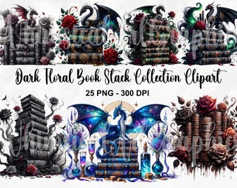 Dark Floral Book Stack PNG Bundle, Vintage Dragon Book Lover Clipart, Fantasy Reading Sublimation, Gothic Book Art, Digital Download Pack