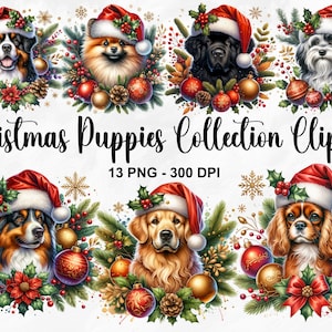 Aquarelle Noël chiots Collection Clipart, 13 PNG Noël clipart, illustration de chiots de vacances, clipart Noël chiens, usage Commercial