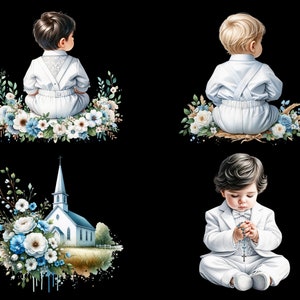Pu&ograve; includere: Quattro illustrazioni di un bambino piccolo con un abito bianco. Due illustrazioni mostrano il bambino di spalle, seduto su un letto di fiori bianchi e blu. Un'illustrazione mostra il bambino inginocchiato con le mani giunte in preghiera, tenendo un rosario. L'ultima illustrazione mostra una chiesa bianca con un campanile, circondata da fiori bianchi e blu.