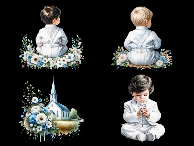 Pu&ograve; includere: Quattro illustrazioni di un bambino piccolo con un abito bianco. Due illustrazioni mostrano il bambino di spalle, seduto su un letto di fiori bianchi e blu. Un'illustrazione mostra il bambino inginocchiato con le mani giunte in preghiera, tenendo un rosario. L'ultima illustrazione mostra una chiesa bianca con un campanile, circondata da fiori bianchi e blu.