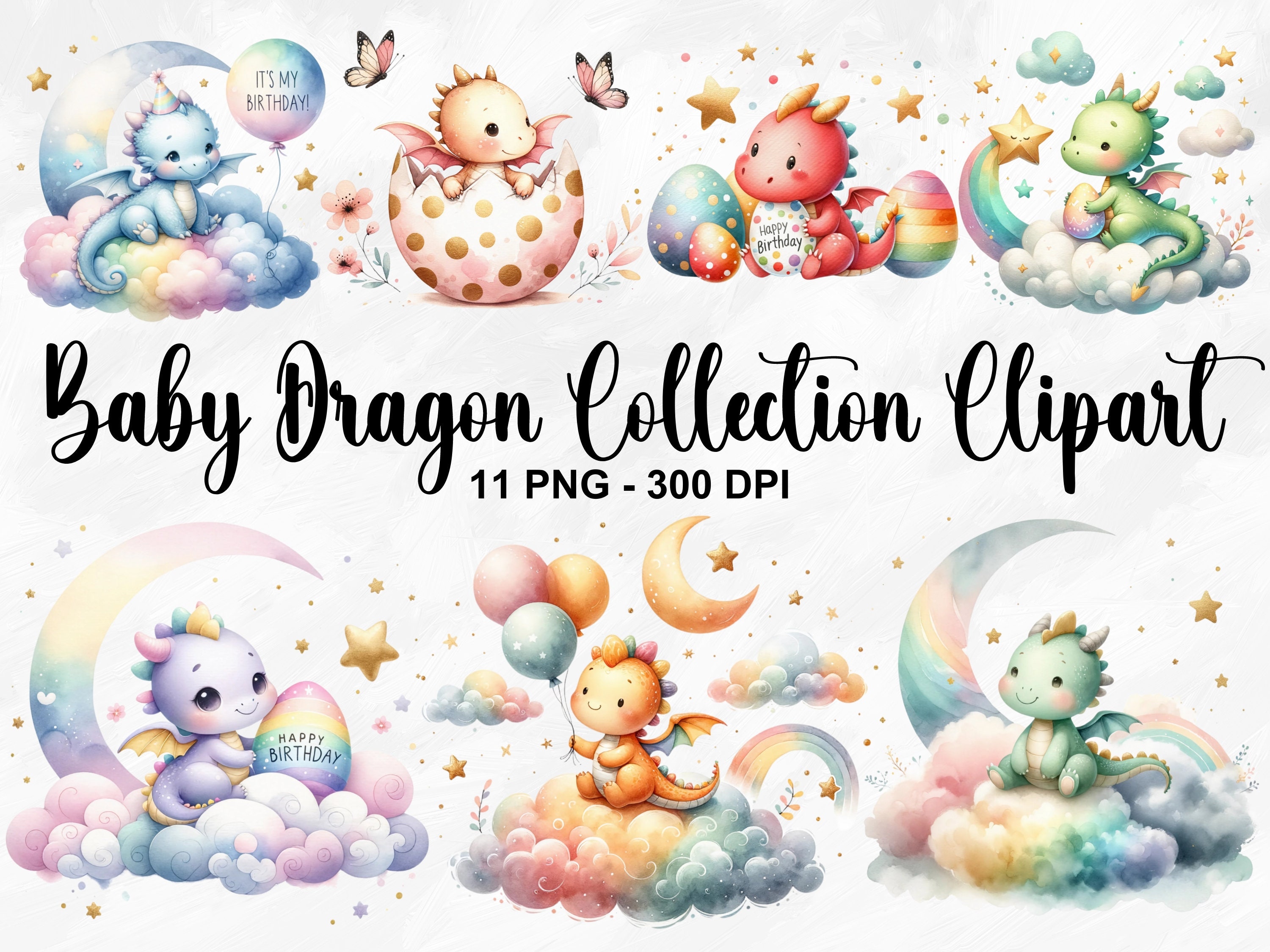 Watercolor Baby Dragon Collection Clipart, 11 PNG Cute Dragon Clipart, Pastel Baby Dragons PNG, Birthday Dragon Clipart, Commercial Use