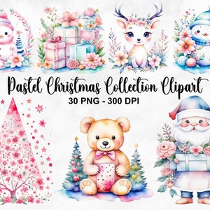 Aquarell Pastell Weihnachtskollektion Clipart, 30 PNG Pastell Weihnachtscliparts, Rosa Weihnachtscliparts, Blaue Weihnachten PNG, kommerzielle Nutzung