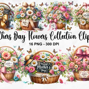 16 PNG、母の日の花のクリップアートバンドル、母の日のグラフィック、母の日のギフトと花、花束バンドル、商用利用