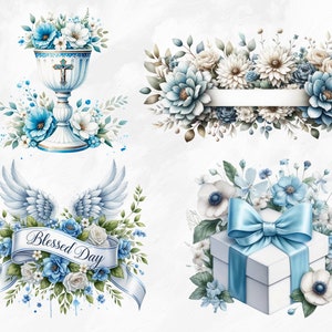 Pu&ograve; includere: Quattro illustrazioni ad acquerello con fiori blu e bianchi. La prima immagine mostra un calice bianco con un bordo dorato e una croce in cima. La seconda immagine mostra uno stendardo con fiori blu e bianchi. La terza immagine mostra un paio di ali bianche con fiori blu e bianchi. La quarta immagine mostra una scatola regalo bianca con un fiocco blu e fiori blu e bianchi.