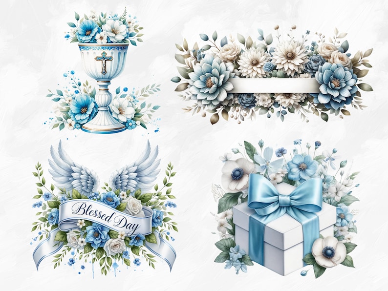 Pu&ograve; includere: Quattro illustrazioni ad acquerello con fiori blu e bianchi. La prima immagine mostra un calice bianco con un bordo dorato e una croce in cima. La seconda immagine mostra uno stendardo con fiori blu e bianchi. La terza immagine mostra un paio di ali bianche con fiori blu e bianchi. La quarta immagine mostra una scatola regalo bianca con un fiocco blu e fiori blu e bianchi.