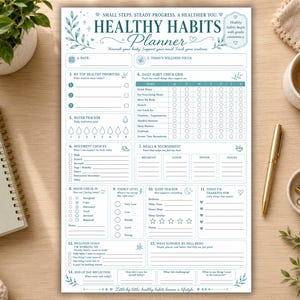 May include: A rectangular Healthy Habits Planner sheet with teal text and botanical accents. The layout includes sections for daily wellness focus, habit tracking, water intake, meals, mood, energy levels, sleep, and end-of-day reflections.