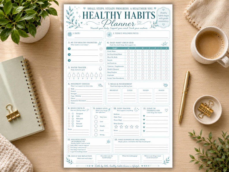 May include: A rectangular Healthy Habits Planner sheet with teal text and botanical accents. The layout includes sections for daily wellness focus, habit tracking, water intake, meals, mood, energy levels, sleep, and end-of-day reflections.