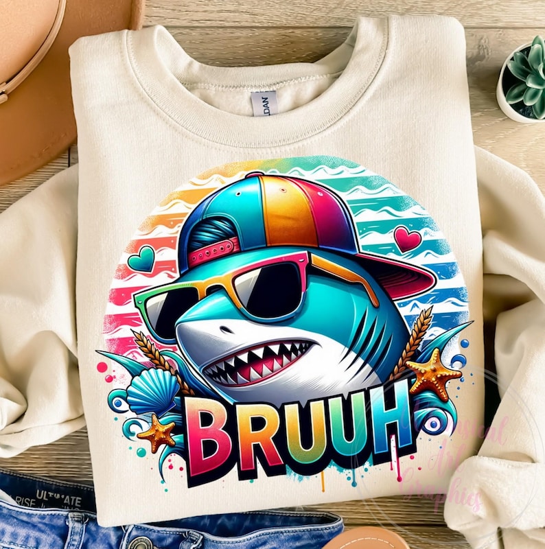Puede incluir: Sudadera color crema con un tibur&oacute;n de dibujos animados con gafas de sol y una gorra colorida. El gr&aacute;fico del tibur&oacute;n tiene la palabra "BRUUH" en una fuente vibrante y goteante. El dise&ntilde;o incluye corazones, conchas marinas y estrellas de mar, sobre un fondo de puesta de sol a rayas.