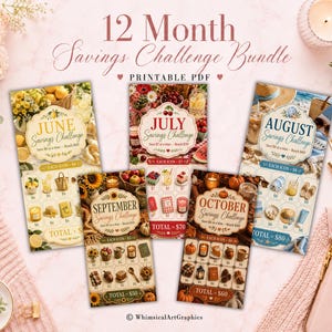 Könnte beinhalten: Ein 12 Month Savings Challenge Bundle als druckbares PDF-Set mit fünf vertikalen Karten für Juni, Juli, August, September und Oktober. Jede Karte zeigt saisonale Bilder, spezifische Beträge pro Symbol und ein gesamtes Sparziel.