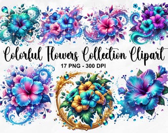 May include: A collection of 17 digital clipart images featuring colorful, vibrant hibiscus flowers with sparkling details. The flowers are arranged in various compositions with a watercolor-like effect.