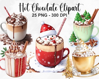 Watercolor Hot Chocolate Clipart, 25 PNG Hot Cocoa Clipart, Hot Chocolate Clipart, Food Clipart Bundle, Christmas Images, Commercial Use