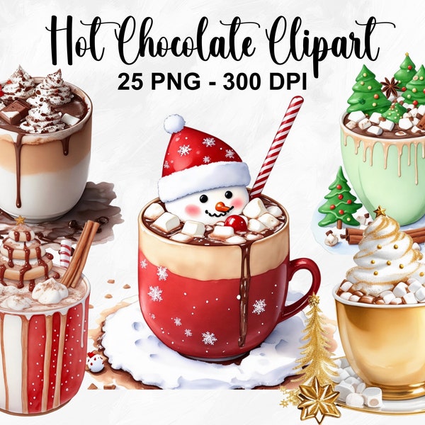 Watercolor Hot Chocolate Clipart, 25 PNG Hot Cocoa Clipart, Hot Chocolate Clipart, Food Clipart Bundle, Christmas Images, Commercial Use