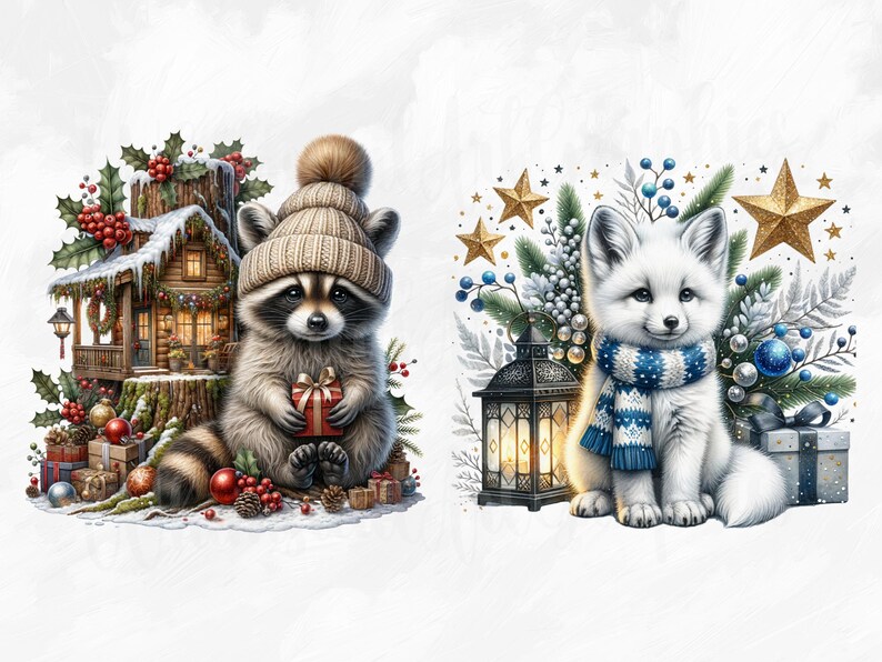 Puede incluir: Una ilustraci&oacute;n con tem&aacute;tica navide&ntilde;a que presenta un mapache con un gorro de punto y sosteniendo un regalo, de pie frente a una peque&ntilde;a caba&ntilde;a de madera decorada con luces y adornos. En el lado derecho, un zorro blanco con una bufanda azul est&aacute; sentado junto a una linterna y una caja de regalo.