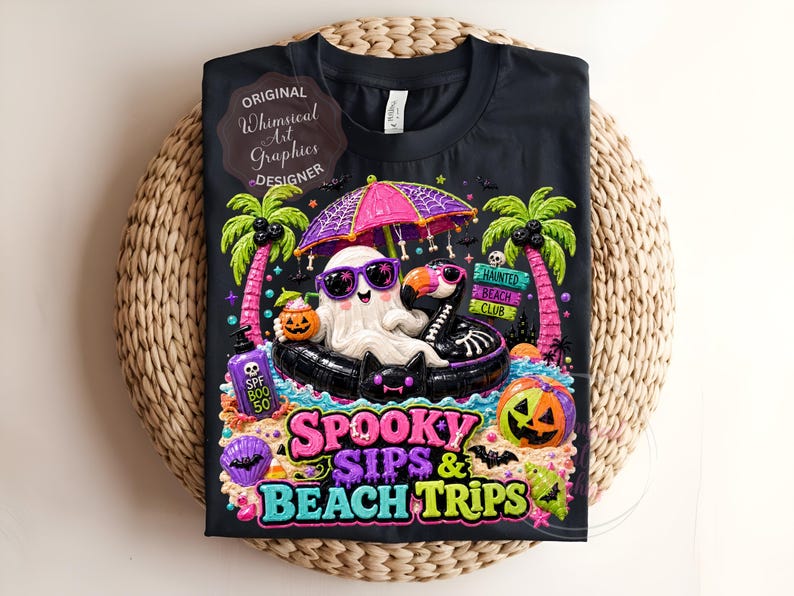 May include: Black t-shirt featuring a whimsical Halloween design. A ghost wearing sunglasses floats in a black inner tube under a pink umbrella. The shirt includes the text "Spooky Sips & Beach Trips" and a "Haunted Beach Club" sign.