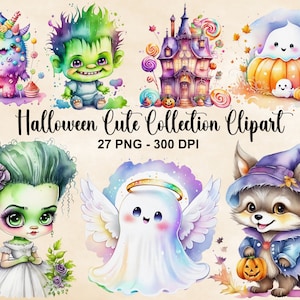 Akwarela Halloween Cute Collection Clipart, 27 PNG Halloween Clipart, Cute Ghost Clipart, Bat Clipart, Halloween Bundle, Komercyjne wykorzystanie