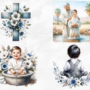 Pu&ograve; includere: Un'illustrazione ad acquerello di una scena di battesimo. Un uomo con una veste bianca sta battezzando un bambino piccolo in un fiume. Il bambino indossa una veste bianca e ha le mani alzate in preghiera. C'&egrave; una croce di legno con fiori blu e bianchi dietro la scena.