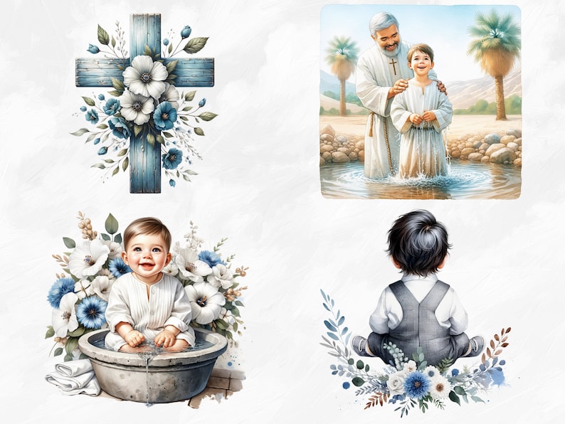 Pu&ograve; includere: Un'illustrazione ad acquerello di una scena di battesimo. Un uomo con una veste bianca sta battezzando un bambino piccolo in un fiume. Il bambino indossa una veste bianca e ha le mani alzate in preghiera. C'&egrave; una croce di legno con fiori blu e bianchi dietro la scena.