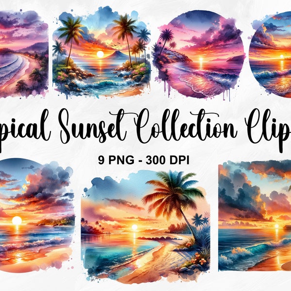 Watercolor Tropical Sunset Collection Clipart, 9 PNG Summer Clipart, Tropical Sunsets Clipart, Beach Landscape, Island PNG, Commercial Use