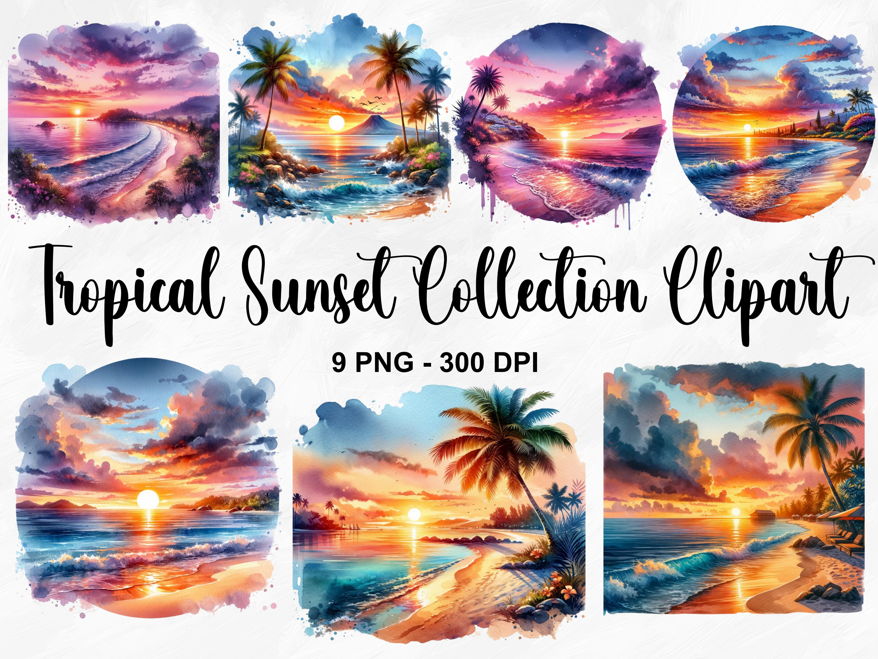 Watercolor Tropical Sunset Collection Clipart, 9 PNG Summer Clipart, Tropical Sunsets Clipart, Beach Landscape, Island PNG, Commercial Use