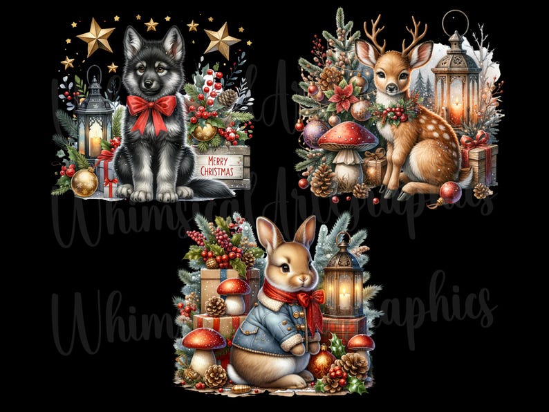 Puede incluir: Tres ilustraciones digitales que presentan un cachorro blanco y negro, un ciervo marr&oacute;n y un conejo marr&oacute;n. Cada ilustraci&oacute;n se establece sobre un fondo negro y presenta un tema de vacaciones de invierno con decoraciones rojas y verdes, ramas de pino y una linterna.