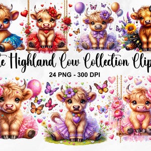 Cute Highland Cow Collection Clipart, 24 PNG Baby Cow, Highland Cow Birthday Clipart, Cute Highland Cow Clipart Bundle, Commercial Use