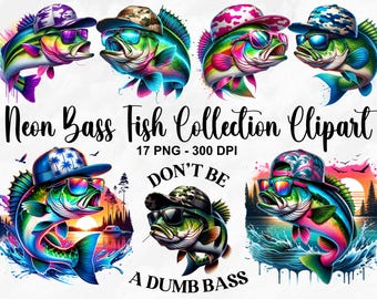 Watercolor Neon Bass Fish Collection Clipart, 17 PNG Fish Clipart, Jumping Bass Fish Clipart, Funny Fish, Fishing Fish PNG, Commercial Use