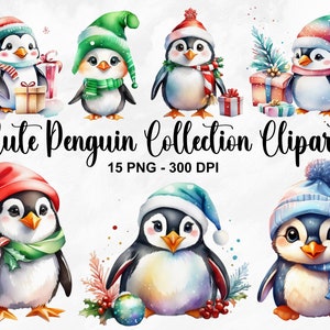 Aquarel schattige pinguïn collectie clipart, 15 PNG kerstpinguïn clipart, schattige pinguïn clipart, kerst illustraties, commercieel gebruik