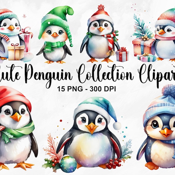 Watercolor Cute Penguin Collection Clipart, 15 PNG Christmas Penguin Clipart, Cute Penguin Clipart, Christmas Clip Art, Commercial Use