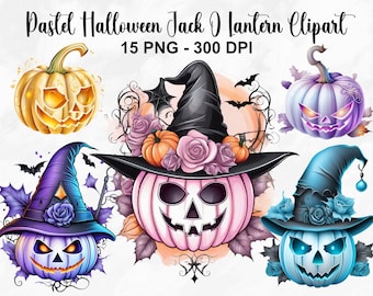 Aquarel Pastel Halloween Jack O Lantern Clipart, 15 PNG Halloween Clipart Bundel, Pastel Halloween PNG, Pastel Pompoen, Commercieel Gebruik