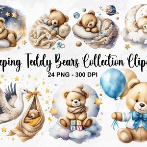 Watercolor Sleeping Teddy Bears Collection Clipart, 24 PNG Cute Teddy Bear On The Moon Clipart, Boho Teddy Bear Clipart, Commercial Use