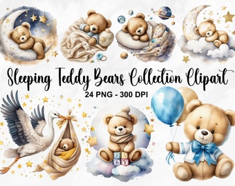 Acquerello addormentato Teddy Bears Collection Clipart, 24 PNG carino orsacchiotto sulla luna Clipart, Boho Teddy Bear Clipart, uso commerciale