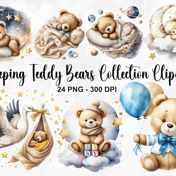 Watercolor Sleeping Teddy Bears Collection Clipart, 24 PNG Cute Teddy Bear On The Moon Clipart, Boho Teddy Bear Clipart, Commercial Use