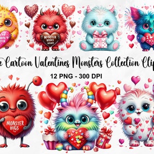 Watercolor Cute Cartoon Valentines Monsters Clipart, 12 PNG Valentines Day Clipart, Monsters in Love Clipart, Kids Valentine, Commercial Use
