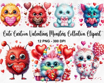 Watercolor Cute Cartoon Valentines Monsters Clipart, 12 PNG Valentines Day Clipart, Monsters in Love Clipart, Kids Valentine, Commercial Use