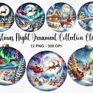 Aquarelle Noël nuit ornement Collection Clipart, 12 PNG Noël clipart, ornement rond PNG, Village de Noël PNG, usage Commercial