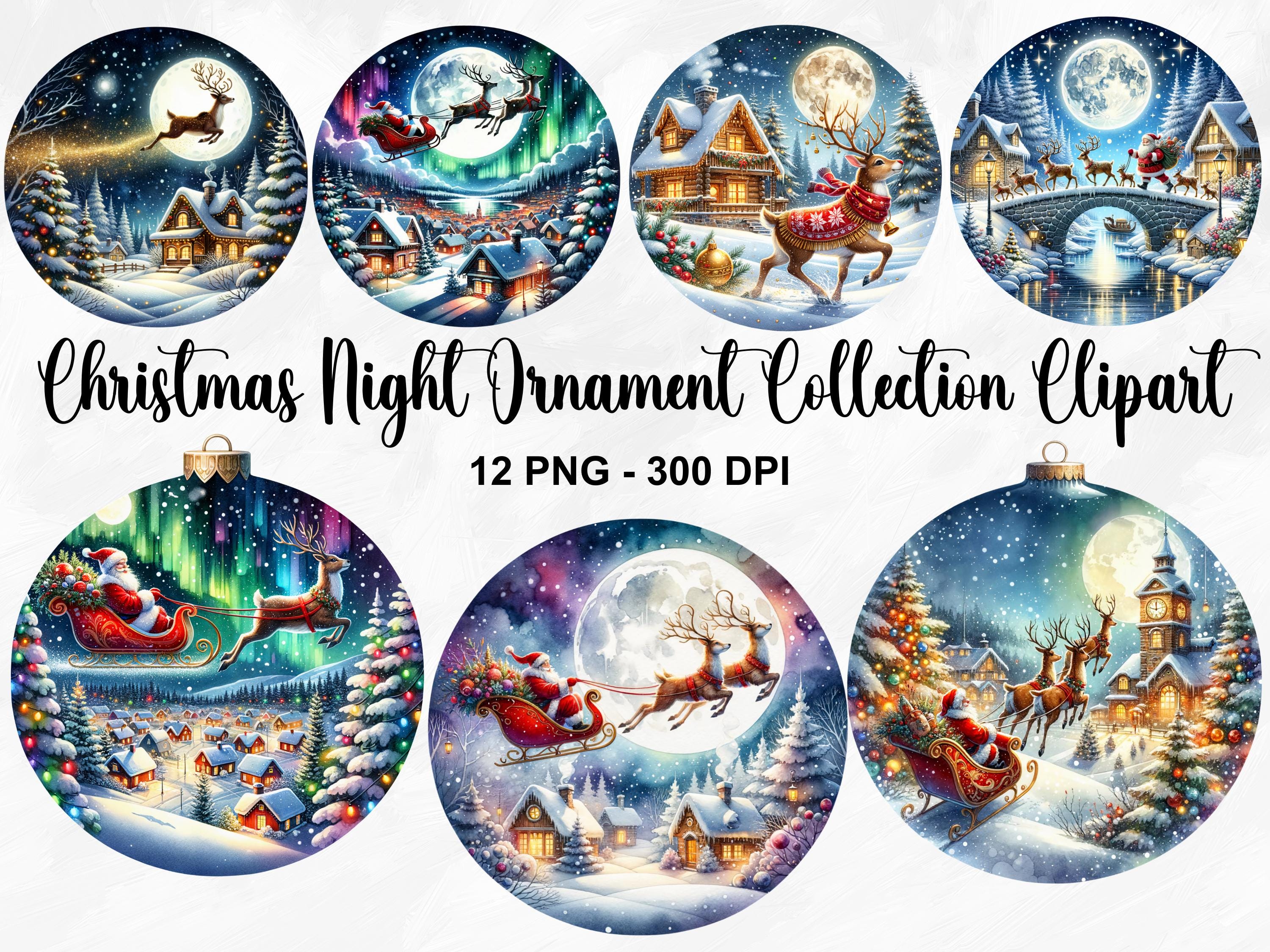 Watercolor Christmas Night Ornament Collection Clipart, 12 PNG Christmas Clipart, Round Ornament PNG, Christmas Village PNG, Commercial Use