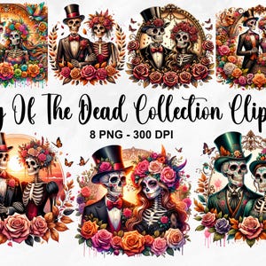 水彩画の死者の日のコレクション クリップアート、8 つの PNG ハロウィーン クリップアート、シュガー スカル クリップアート、死者の日クリップアート、商用利用